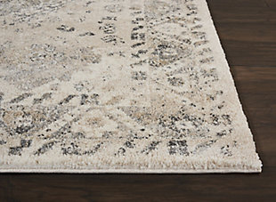The fusion collection by nourison brings elements from contemporary and traditional rug designs together in rich blues, vibrant pinks, and elegant neutrals. Persian floral patterns and abstract brush strokes play out on silky, plush piles, with distressed color effects to create a vintage appeal. There's a style for any room in your home! This fusion collection rug imbues any room with a distinguished, regal tone, with its wonderfully distressed persian rug design. The ornate border and center medallion add contrasting greys and neutral tones to the plush, beige field, creating the look of an exotic vintage piece.Power loomed | Serged edges | Low shedding | Indoor only | Cut pile