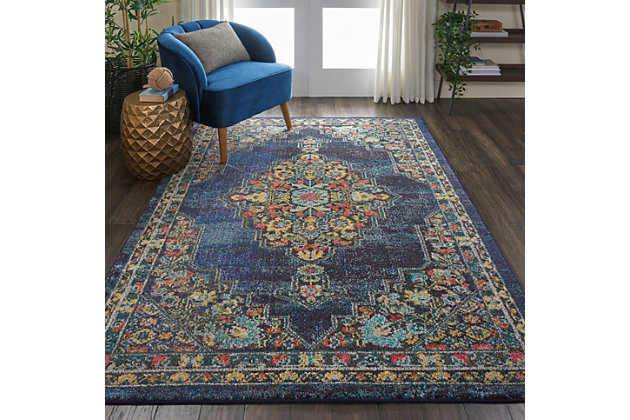 Botanical corner and medallion patterns in a plush, distressed pile create a wonderful combination of old world elegance and contemporary comfort in the passionate collection of area rugs from nourison. Intricate loomed designs in traditional persian motifs are balanced with bright, lively colors for the perfect mix between bohemian charm and formal elegance. With a deep navy blue field, the dramatic corner-and-medallion kashan design of this passionate collection rug creates a regal presence in any room. Distressed, abrash tones mirror the vintage look of classic persian rugs, with beautifully ornate floral accents on a soft, easy-care pile.Power loomed | Serged edges | Low shedding | Rug pad is recommended | Indoor only