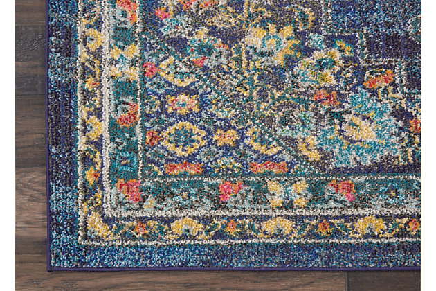 Botanical corner and medallion patterns in a plush, distressed pile create a wonderful combination of old world elegance and contemporary comfort in the passionate collection of area rugs from nourison. Intricate loomed designs in traditional persian motifs are balanced with bright, lively colors for the perfect mix between bohemian charm and formal elegance. With a deep navy blue field, the dramatic corner-and-medallion kashan design of this passionate collection rug creates a regal presence in any room. Distressed, abrash tones mirror the vintage look of classic persian rugs, with beautifully ornate floral accents on a soft, easy-care pile.Power loomed | Serged edges | Low shedding | Rug pad is recommended | Indoor only