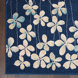 Nourison’s tranquil collection brings together a palette of soothing and elegant colors into an assortment of contemporary and traditional patterns, ranging from contemporary florals to intricate persian and kashan bordered medallion rugs. Each rug features a lush cut pile in easy-care fibers, with subtle abrash tones for touch of calming charm for any decor. Delicate flowers blow on a gentle breeze in this delightful botanical rug from the tranquil collection. Watercolor tones of pink and blue on a navy field create a marvelous sense of softness to bring a boho look to your unique decorating style.Power loomed | Easy-care fibers | Low shedding | Rug pad is recommended | Indoor only