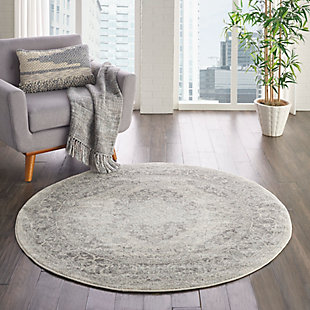 Nourison Tranquil Tra05 Gray And White 5' Round Vintage Area Rug, Ivory/Gray, rollover