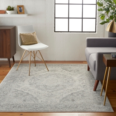 Nourison Tranquil Tra05 Gray And White 6'x9' Vintage Area Rug, Ivory/Gray, large