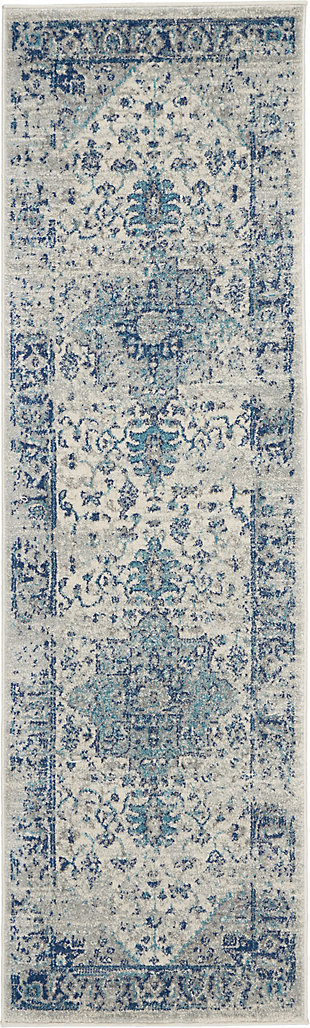 Nourison Tranquil Tra06 Navy Blue And White 7' Runner Hallway Rug, Ivory/Light Blue, large