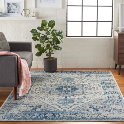 Nourison Tranquil Tra06 Navy Blue And White 5'x7'persian Area Rug, Ivory/Light Blue, large
