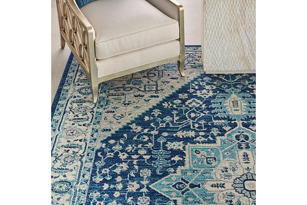 Nourison’s tranquil collection brings together a palette of soothing and elegant colors into an assortment of contemporary and traditional patterns, ranging from contemporary florals to intricate persian and kashan bordered medallion rugs. Each rug features a lush cut pile in easy-care fibers, with subtle abrash tones for touch of calming charm for any decor. Rich navy blues offset perfectly with ivory and sky blue in this corner-and-medallion kashan rug design from the tranquil collection. Traditional abrash colors lend a vintage flavor to the overall effect, for an antique feel coupled with modern easy-care fibers.Power loomed | Easy-care fibers | Low shedding | Rug pad is recommended | Indoor only