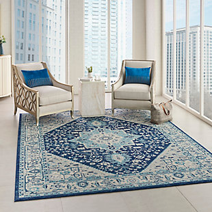 Nourison’s tranquil collection brings together a palette of soothing and elegant colors into an assortment of contemporary and traditional patterns, ranging from contemporary florals to intricate persian and kashan bordered medallion rugs. Each rug features a lush cut pile in easy-care fibers, with subtle abrash tones for touch of calming charm for any decor. Rich navy blues offset perfectly with ivory and sky blue in this corner-and-medallion kashan rug design from the tranquil collection. Traditional abrash colors lend a vintage flavor to the overall effect, for an antique feel coupled with modern easy-care fibers.Power loomed | Easy-care fibers | Low shedding | Rug pad is recommended | Indoor only
