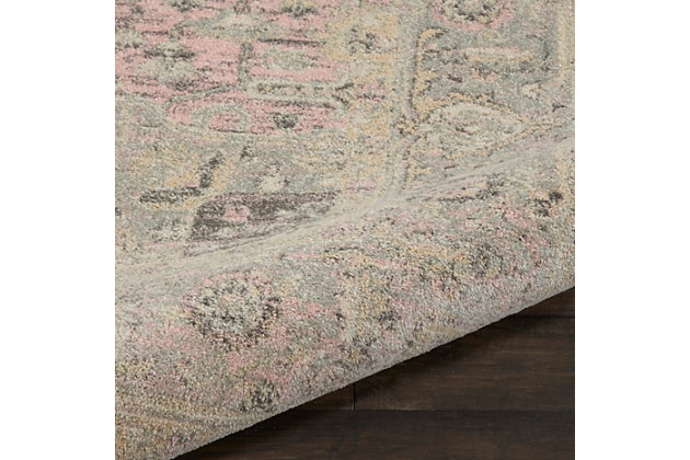 Nourison’s tranquil collection brings together a palette of soothing and elegant colors into an assortment of contemporary and traditional patterns, ranging from contemporary florals to intricate persian and kashan bordered medallion rugs. Each rug features a lush cut pile in easy-care fibers, with subtle abrash tones for touch of calming charm for any decor. A distressed ivory field is adorned in abrash pink and grey in this ornate corner-and-medallion kashan rug design from the tranquil collection. Traditional abrash colors lend a vintage flavor to the overall effect, for an antique feel coupled with modern easy-care fibers.Power loomed | Easy-care fibers | Low shedding | Rug pad is recommended | Indoor only