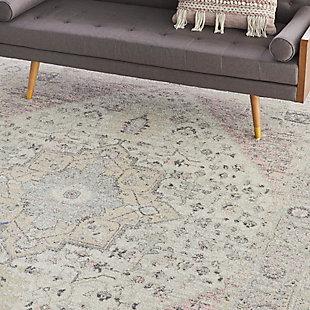 Nourison’s tranquil collection brings together a palette of soothing and elegant colors into an assortment of contemporary and traditional patterns, ranging from contemporary florals to intricate persian and kashan bordered medallion rugs. Each rug features a lush cut pile in easy-care fibers, with subtle abrash tones for touch of calming charm for any decor. A distressed ivory field is adorned in abrash pink and grey in this ornate corner-and-medallion kashan rug design from the tranquil collection. Traditional abrash colors lend a vintage flavor to the overall effect, for an antique feel coupled with modern easy-care fibers.Power loomed | Easy-care fibers | Low shedding | Rug pad is recommended | Indoor only