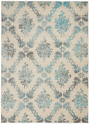 Nourison Tranquil Tra09 Turquoise And White 6'x9' Vintage Area Rug, Ivory/Turquoise, large