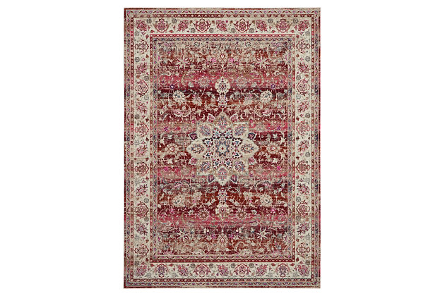 Bringing an antique flair to your home has never been easier, with the vintage kashan collection of persian-inspired traditional rugs. Featuring a range of bordered rugs with all-over or center star medallion designs, these elegant low-pile rugs draw inspiration from the finest kashan rug patterns, and are sure to bring a distressed elegance to your interior decor. This vintage kashan rug exudes the elegance of a vintage rug, with its oushak-inspired middle star and traditional persian rug border design. Glossy low-pile fibers shine with an abrash red, adorned with graceful floral accents for the look and feel of an heirloom.Power loomed | Serged edges | Low shedding | Rug pad recommended | Indoor only
