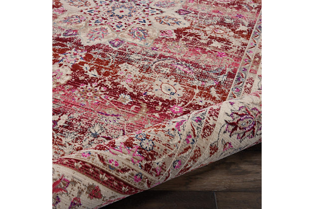 Bringing an antique flair to your home has never been easier, with the vintage kashan collection of persian-inspired traditional rugs. Featuring a range of bordered rugs with all-over or center star medallion designs, these elegant low-pile rugs draw inspiration from the finest kashan rug patterns, and are sure to bring a distressed elegance to your interior decor. This vintage kashan rug exudes the elegance of a vintage rug, with its oushak-inspired middle star and traditional persian rug border design. Glossy low-pile fibers shine with an abrash red, adorned with graceful floral accents for the look and feel of an heirloom.Power loomed | Serged edges | Low shedding | Rug pad recommended | Indoor only