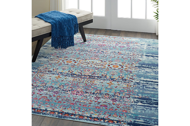 Bringing an antique flair to your home has never been easier, with the vintage kashan collection of persian-inspired traditional rugs. Featuring a range of bordered rugs with all-over or center star medallion designs, these elegant low-pile rugs draw inspiration from the finest kashan rug patterns, and are sure to bring a distressed elegance to your interior decor. This vintage kashan rug exudes the elegance of a vintage rug, with its oushak-inspired middle star and traditional persian rug border design. Glossy low-pile fibers shine with an abrash blue, adorned with graceful floral accents for the look and feel of an heirloom.Power loomed | Serged edges | Low shedding | Rug pad recommended | Indoor only