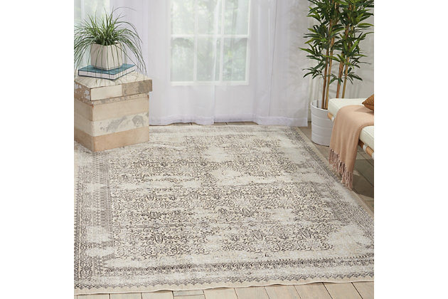 This timeless transitional collection features elegant designs infused with rich, saturated color to bring a laid-back luxury to any interior. Flawlessly fabricated for splendid tone and texture, and delicately distressed to evoke a beautiful vintage vibe, our ® home silver screen area rugs are certain to capture attention. The ® home silver screen collection lives in our americana style guide™ a intricate geometric and botanical design is certain to elevate the elegance quotient of any room in your home. With its extravagant look and feel, this ® home silver screen area rug is warm, inviting and unquestionably exciting. The ® home silver screen collection lives in our americana style guide™100% polyester | 100% polyester | Loom woven | Serged edges | Low shedding | Indoor only; rug pad recommended | Imported