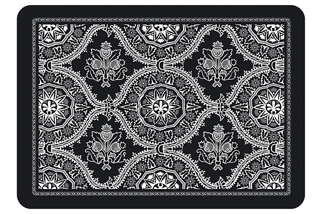 Become engulfed in a Moroccan dream with just one look at this mat. Its captivating black shade over medallion pattern is reminiscent of richly colored Marrakech goods. Placing this mat in a high traffic area? Don’t worry. The underside is slip-resistant.Made of polyester | Sponge rubber/neoprene underside for support/slip resistance | Machine washable; line/air dry | Made in the u.s.a.