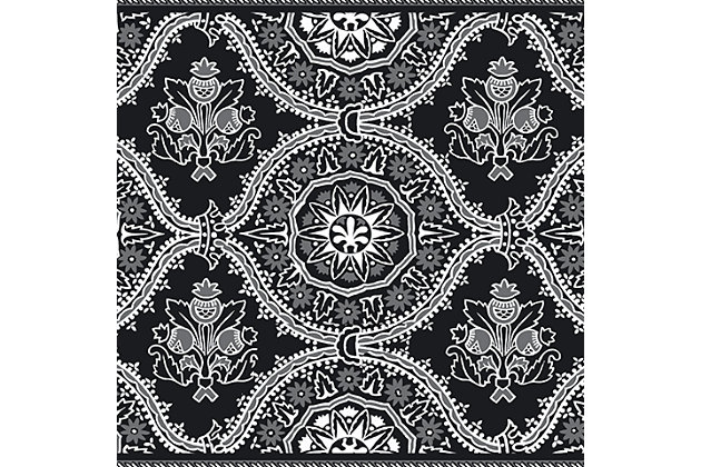 Become engulfed in a Moroccan dream with just one look at this mat. Its captivating black shade over medallion pattern is reminiscent of richly colored Marrakech goods. Placing this mat in a high traffic area? Don’t worry. The underside is slip-resistant.Made of polyester | Sponge rubber/neoprene underside for support/slip resistance | Machine washable; line/air dry | Made in the u.s.a.