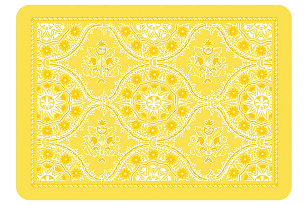 Become engulfed in a Moroccan dream with just one look at this mat. Its captivating yellow hue over medallion pattern is reminiscent of richly colored Marrakech goods. Placing this mat in a high traffic area? Don’t worry. The underside is slip-resistant.Made of polyester | Sponge rubber/neoprene underside for support/slip resistance | Machine washable; line/air dry | Made in the u.s.a.