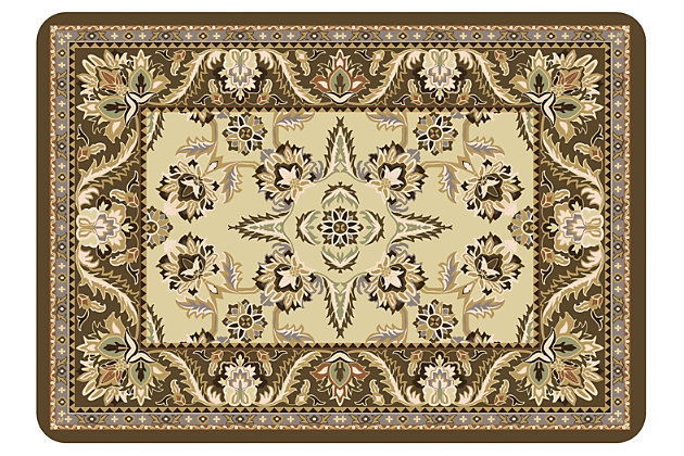 Get the look of updated traditional design with this mat. The floral-like pattern forms a kaleidoscope effect from the center out. Its easy to clean nature will keep your home looking stylish for many days to come.Made of polyester | Sponge rubber/neoprene underside for support/slip resistance | Machine washable; line/air dry | Made in the u.s.a.