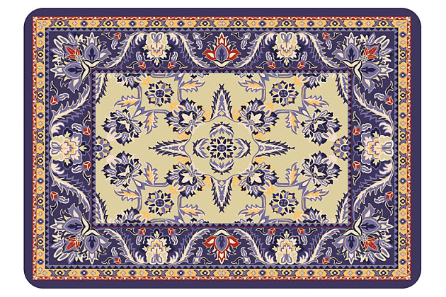 Get the look of updated traditional design with this mat. The floral-like pattern forms a kaleidoscope effect from the center out. The easy to clean nature will keep your home looking stylish for many days to come.Made of polyester | Sponge rubber/neoprene underside for support/slip resistance | Machine washable; line/air dry | Made in the u.s.a.