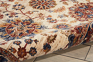 With its alluring array of traditional designs infused with a soft, glossy sheen, the lagos collection of area rugs from nourison ingeniously entwines the most inviting aspects of classic and contemporary. Flawlessly constructed for long wear and simple care, these remarkable rugs impart rich color and elegance that holds up even in high-traffic areas. This enticing old world floral design is undeniably enchanting when presented in compelling shades of cream, sapphire and crimson. Created from a wonderfully enduring yet incredibly soft and shiny polyester blend for long wear and low maintenance, this lagos area rug from nourison is both a sensible and stupendous way to artfully accentuate any interior, great for high traffic areas.100% polyester | 100% polyester | Power loomed | Serged edges | Low shedding | Low-pile | Indoor only; rug pad recommended