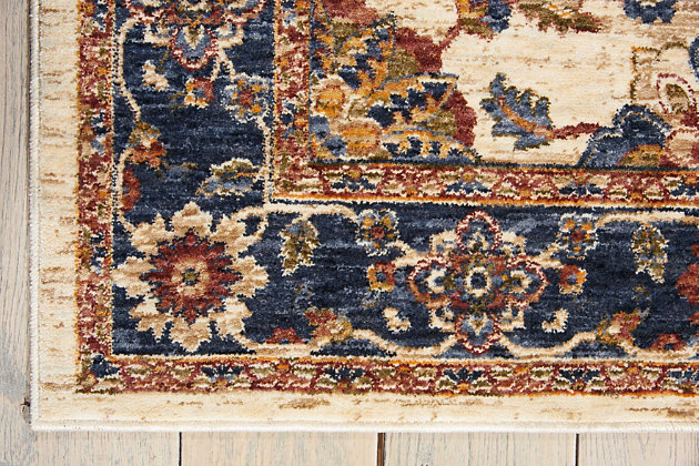 With its alluring array of traditional designs infused with a soft, glossy sheen, the lagos collection of area rugs from nourison ingeniously entwines the most inviting aspects of classic and contemporary. Flawlessly constructed for long wear and simple care, these remarkable rugs impart rich color and elegance that holds up even in high-traffic areas. This enticing old world floral design is undeniably enchanting when presented in compelling shades of cream, sapphire and crimson. Created from a wonderfully enduring yet incredibly soft and shiny polyester blend for long wear and low maintenance, this lagos area rug from nourison is both a sensible and stupendous way to artfully accentuate any interior, great for high traffic areas.100% polyester | 100% polyester | Power loomed | Serged edges | Low shedding | Low-pile | Indoor only; rug pad recommended