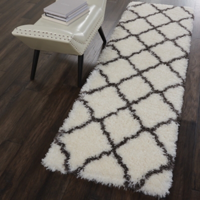 Nourison Luxe Shag White 8' Runner Hallway Rug, Ivory/Charcoal, large