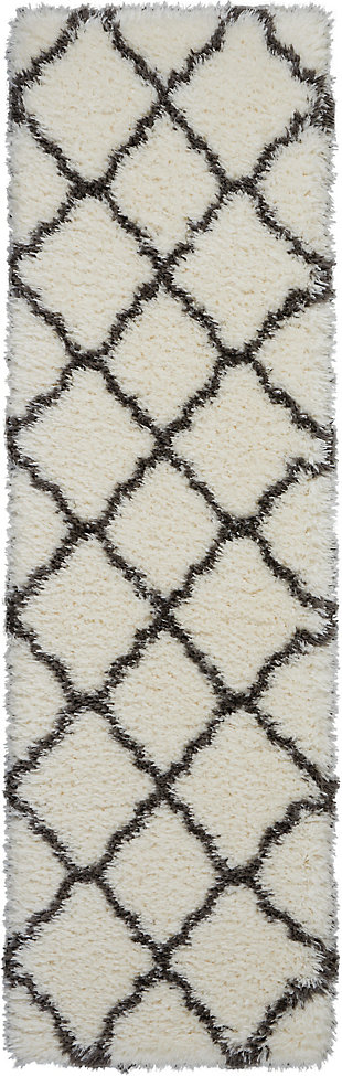 Nourison Luxe Shag White 8' Runner Hallway Rug, Ivory/Charcoal, large
