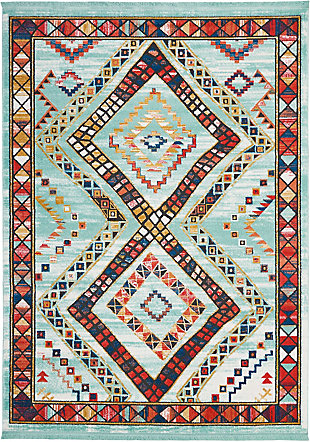 Native american textile designs bring tribal rug decor home with the exciting navajo collection of area rugs. The bright transitional hues in these colorful rugs imbue their vivid geometric designs with a sense of animation, and make a stunning color statement on white or colored grounds. Lively diamond shapes seem to quiver with animation in this vivid tribal decor rug design. Traditional motifs and a stunning border complete the appeal of this navajo collection area rug.64% polypropylene, 36% polyester | Power loomed | Serged edges | Low shedding | Indoor only | Imported