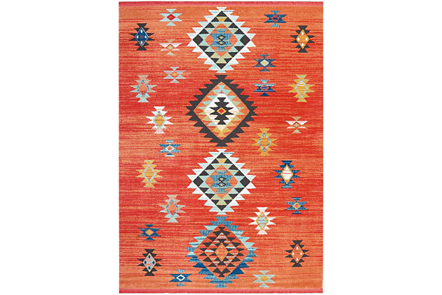 Native american textile designs bring tribal rug decor home with the exciting navajo collection of area rugs. The bright transitional hues in these colorful rugs imbue their vivid geometric designs with a sense of animation, and make a stunning color statement on white or colored grounds. Three powerful diamond medallions are centered in a field of smaller geometric motifs with a tribal feel. This navajo collection area rug makes an exciting focal point in the traditional or contemporary room.64% polypropylene, 36% polyester | Power loomed | Serged edges | Low shedding | Indoor only | Imported