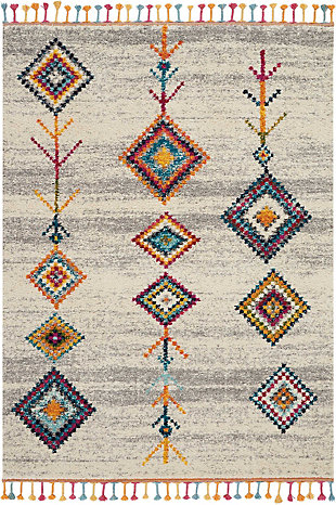 The nomad collection transports you to a vibrant and colorful moroccan rug market, with richly hued tribal rugs that feature a combination of exciting designs, multicolor fringes, and plush, luxurious fibers. Irregular diamond designs on dramatic abrash fields will bring a sense of global inspiration and energy to any room in your home. Hand-drawn diamond patterns and figures grace a deeply striated gray and ivory field, creating a truly arresting tribal decor statement with this nomad collection rug. Soft, low-pile shag texture and braided tassel finish make this the perfect accent rug for casual comfort, bringing a skandinavian influence to your favorite room.100% polypropylene | Power loomed | Serged edges | Low shedding | Indoor only | Imported