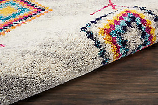 The nomad collection transports you to a vibrant and colorful moroccan rug market, with richly hued tribal rugs that feature a combination of exciting designs, multicolor fringes, and plush, luxurious fibers. Irregular diamond designs on dramatic abrash fields will bring a sense of global inspiration and energy to any room in your home. Hand-drawn diamond patterns and figures grace a deeply striated gray and ivory field, creating a truly arresting tribal decor statement with this nomad collection rug. Soft, low-pile shag texture and braided tassel finish make this the perfect accent rug for casual comfort, bringing a skandinavian influence to your favorite room.100% polypropylene | Power loomed | Serged edges | Low shedding | Indoor only | Imported