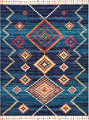 The nomad collection transports you to a vibrant and colorful moroccan rug market, with richly hued tribal rugs that feature a combination of exciting designs, multicolor fringes, and plush, luxurious fibers. Irregular diamond designs on dramatic abrash fields will bring a sense of global inspiration and energy to any room in your home. Hand-drawn diamond patterns and figures grace a deeply striated navy blue field, creating a truly arresting tribal decor statement with this nomad collection rug. Soft, low-pile shag texture and braided tassel finish make this the perfect accent rug for casual comfort, bringing a moroccan influence to your favorite room.100% polypropylene | Power loomed | Serged edges | Low shedding | Indoor only | Imported