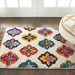 The nomad collection transports you to a vibrant and colorful moroccan rug market, with richly hued tribal rugs that feature a combination of exciting designs, multicolor fringes, and plush, luxurious fibers. Irregular diamond designs on dramatic abrash fields will bring a sense of global inspiration and energy to any room in your home. Ornamental medallion designs on a plush ivory field create an eye-catching accent with this colorful nomad collection rug. Soft, low-pile shag texture and braided tassel finish make it the perfect accent rug for casual comfort, bringing a global touch to your favorite room.100% polypropylene | Power loomed | Serged edges | Low shedding | Indoor only | Imported