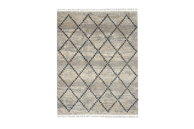 Sleek silvery gray shades create a subtle mottled background for the lattice grid of this scandinavian tribal rug from nourison's oslo collection. With a look that brings contemporary and ancient styles together, this rug is at home in any decor setting, with easy-care fibers and plush, welcoming shag texture.100% polypropylene | Power loomed | Easy-care fibers | Low shedding | Shag | Indoor only | Imported