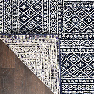 With soft, neutral palettes and mono-tonal colorways, the palermo rug collection brings simplicity and serenity to the modern lifestyle. These handsome rugs feature intricate geometric patterns based on moroccan tribal designs. They are presented here in easy-living polypropylene fibers, power loomed for durability and lasting beauty. As soft and supple as they are practical, palermo area rugs are ideal for a wide array of decorating styles, from traditional to contemporary bohemian.
 a gently contrasting palette of navy and gray highlights the lively tribal pattern of this palermo area rug. Gently distressed for vintage effect, its medium-pile surface looks as soft as it feels. Adds a bohemian touch to any room, from classic to contemporary.100% polypropylene | Power loomed | Soft pile - pile height  0.25 - 0.5 inch durable power - loomed construction | Low shedding | Soft, neutral palettes and mono-tonal colorways, the palermo rug collection brings simplicity and serenity to the modern lifestyle | Indoor only | Imported