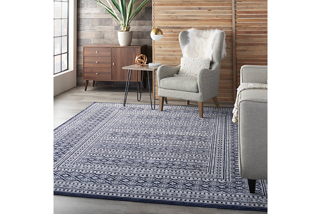 With soft, neutral palettes and mono-tonal colorways, the palermo rug collection brings simplicity and serenity to the modern lifestyle. These handsome rugs feature intricate geometric patterns based on moroccan tribal designs. They are presented here in easy-living polypropylene fibers, power loomed for durability and lasting beauty. As soft and supple as they are practical, palermo area rugs are ideal for a wide array of decorating styles, from traditional to contemporary bohemian.
 a gently contrasting palette of navy and gray highlights the lively tribal pattern of this palermo area rug. Gently distressed for vintage effect, its medium-pile surface looks as soft as it feels. Adds a bohemian touch to any room, from classic to contemporary.100% polypropylene | Power loomed | Soft pile - pile height  0.25 - 0.5 inch durable power - loomed construction | Low shedding | Soft, neutral palettes and mono-tonal colorways, the palermo rug collection brings simplicity and serenity to the modern lifestyle | Indoor only | Imported