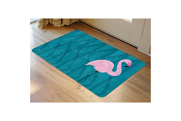 Did you know that the National Bird of The Bahamas is the flamingo? Add Caribbean flair right inside your doorstep with this vibrant pink and blue mat by Dominique Vari. Enjoy its slip-resistant, low profile underside.Made of polyester | Sponge rubber/low-profile neoprene underside for slip resistance | Machine washable; line/air dry | Made in the u.s.a.