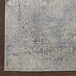 At home in a country cabin or urban loft, the rustic textures collection from nourison blends earthen tones and contemporary abstracts together in beautifully textured modern rugs that are sure to bring a rustic sensibility to any decor. This rustic textures collection rug uses its carved pile to accent a wonderfully ornate persian rug design in an ivory-on-ivory pattern, with traces of slate blue and gray bringing the bordered pattern into clearer view. This vintage rug brings an understated elegance to any space, with easy-care fibers for years of enjoyment.41% polypropylene, 59% polyester | Power loomed | Serged edges | Low shedding | Indoor only | Imported