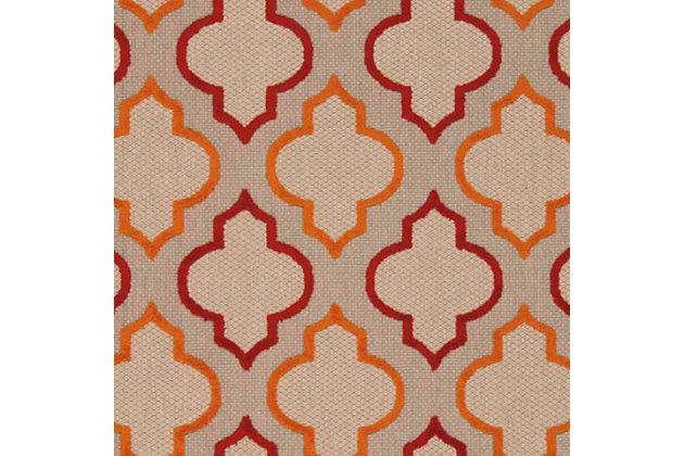 This sunny and sensational collection of flat-woven indoor/outdoor rugs is pretty, practical, and perfect for high-traffic areas. With its inviting assortment of classic and contemporary designs, tempting color palettes, and terrific textures, these multipurpose rugs will afford an air of simple sophistication to any environment. Form and function artfully entwine in this dynamic graphic design presented in fiery hues of red, orange and beige. Created from 100% polypropylene for the ultimate in ease and wear, this exciting indoor/outdoor rug is as inviting as it is enticing.100% polypropylene | Power loomed | Serged edges | Low shedding | Indoor-outdoor | Cheerful colors and sturdy construction make these indoor/outdoor rugs a perfect centerpiece for any patio, deck or porch. | Imported