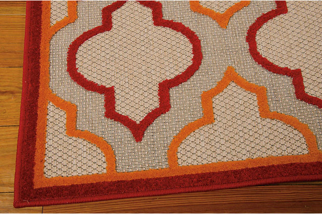 This sunny and sensational collection of flat-woven indoor/outdoor rugs is pretty, practical, and perfect for high-traffic areas. With its inviting assortment of classic and contemporary designs, tempting color palettes, and terrific textures, these multipurpose rugs will afford an air of simple sophistication to any environment. Form and function artfully entwine in this dynamic graphic design presented in fiery hues of red, orange and beige. Created from 100% polypropylene for the ultimate in ease and wear, this exciting indoor/outdoor rug is as inviting as it is enticing.100% polypropylene | Power loomed | Serged edges | Low shedding | Indoor-outdoor | Cheerful colors and sturdy construction make these indoor/outdoor rugs a perfect centerpiece for any patio, deck or porch. | Imported