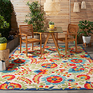 This sunny and sensational collection of flat-woven indoor/outdoor rugs is pretty, practical, and perfect for high-traffic areas. With its inviting assortment of classic and contemporary designs, tempting color palettes, and terrific textures, these multipurpose rugs will afford an air of simple sophistication to any environment. In summer shades of gold, red, orange, and green, this nourison outdoor rug brings extra life and excitement to patio and poolside. High-low textures combine plush patterns with an intricately woven base for exceptional look and feel that will stand up under any conditions. Created from premium stain-resistant fibers for long wear, low maintenance, and a splendid texture.100% polypropylene | Power loomed | Serged edges | Low shedding | Indoor-outdoor | Cheerful colors and sturdy construction make these indoor/outdoor rugs a perfect centerpiece for any patio, deck or porch. | Imported