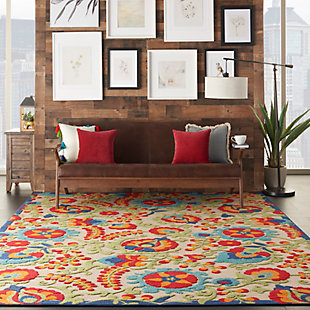 This sunny and sensational collection of flat-woven indoor/outdoor rugs is pretty, practical, and perfect for high-traffic areas. With its inviting assortment of classic and contemporary designs, tempting color palettes, and terrific textures, these multipurpose rugs will afford an air of simple sophistication to any environment. In summer shades of gold, red, orange, and green, this nourison outdoor rug brings extra life and excitement to patio and poolside. High-low textures combine plush patterns with an intricately woven base for exceptional look and feel that will stand up under any conditions. Created from premium stain-resistant fibers for long wear, low maintenance, and a splendid texture.100% polypropylene | Power loomed | Serged edges | Low shedding | Indoor-outdoor | Cheerful colors and sturdy construction make these indoor/outdoor rugs a perfect centerpiece for any patio, deck or porch. | Imported