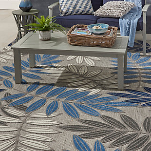 This sunny and sensational collection of flat woven indoor/outdoor rugs is pretty, practical and simply perfect for high traffic areas. With its inviting assortment of classic and contemporary designs, tempting color palettes and terrific textures, these multipurpose rugs will afford an air of simple sophistication to any environment. A cheerful and charming oversized leaf design is a fun, flirty and fashionable way to uplift any environment, especially when presented in complementary hues of blue, turquoise, cream and grey. This aloha indoor/outdoor area rug from nourison is created from premium stain-resistant fibers for long wear, low maintenance, and a splendid texture.100% polypropylene | Power loomed | Hand carved | Low shedding | Indoor-outdoor | Cheerful colors and sturdy construction make these indoor/outdoor rugs a perfect centerpiece for any patio, deck or porch. | Imported