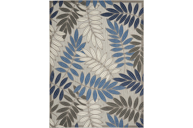 This sunny and sensational collection of flat woven indoor/outdoor rugs is pretty, practical and simply perfect for high traffic areas. With its inviting assortment of classic and contemporary designs, tempting color palettes and terrific textures, these multipurpose rugs will afford an air of simple sophistication to any environment. A cheerful and charming oversized leaf design is a fun, flirty and fashionable way to uplift any environment, especially when presented in complementary hues of blue, turquoise, cream and grey. This aloha indoor/outdoor area rug from nourison is created from premium stain-resistant fibers for long wear, low maintenance, and a splendid texture.100% polypropylene | Power loomed | Hand carved | Low shedding | Indoor-outdoor | Cheerful colors and sturdy construction make these indoor/outdoor rugs a perfect centerpiece for any patio, deck or porch. | Imported