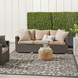 This sunny and sensational collection of flat woven indoor/outdoor rugs is pretty, practical and simply perfect for high traffic areas. With its inviting assortment of classic and contemporary designs, tempting color palettes and terrific textures, these multipurpose rugs will afford an air of simple sophistication to any environment. This outdoor rug from the aloha collection features soft cut pile and a textural woven scroll pattern sure to enliven any outdoor space. Neutral tones of charcoal grey, taupe and beige make for a complementary centerpiece for your patio or deck.  created from premium stain-resistant fibers for long wear, low maintenance, and a splendid texture.100% polypropylene | Power loomed | Hand carved | Low shedding | Indoor-outdoor | Cheerful colors and sturdy construction make these indoor/outdoor rugs a perfect centerpiece for any patio, deck or porch. | Imported