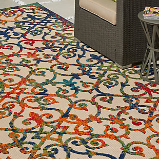 This sunny and sensational collection of flat woven indoor/outdoor rugs is pretty, practical and simply perfect for high traffic areas. With its inviting assortment of classic and contemporary designs, tempting color palettes and terrific textures, these multipurpose rugs will afford an air of simple sophistication to any environment. This aloha collection rug features a rainbow of ombre colors ranging across an ornate textured pattern that works in indoor our outdoor settings. Textured patterns on a woven ivory field feature premium stain-resistant fibers for durability and easy cleaning - simply clean and rinse.100% polypropylene | Power loomed | Serged edges | Low shedding | Indoor-outdoor | Cheerful colors and sturdy construction make these indoor/outdoor rugs a perfect centerpiece for any patio, deck or porch. | Imported