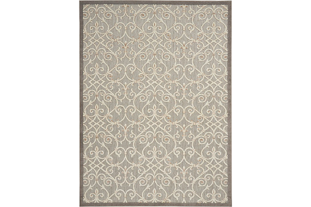 This sunny and sensational collection of flat woven indoor/outdoor rugs is pretty, practical and simply perfect for high traffic areas. With its inviting assortment of classic and contemporary designs, tempting color palettes and terrific textures, these multipurpose rugs will afford an air of simple sophistication to any environment. This outdoor rug from the aloha collection features soft cut pile and a textural woven scroll pattern sure to enliven any outdoor space. Neutral tones of cream and beige on a taupe floor with charcoal grey border, make for a complementary centerpiece for your patio or deck.  created from premium stain-resistant fibers for long wear, low maintenance, and a splendid texture.100% polypropylene | Power loomed | Hand carved | Low shedding | Indoor-outdoor | Cheerful colors and sturdy construction make these indoor/outdoor rugs a perfect centerpiece for any patio, deck or porch. | Imported