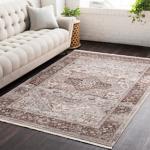 With a soft feel and lustrous sheen, this rug is a conversation starter in any room. Using traditional patterns woven in fresh colors, this piece features fringe detailing for a vintage, high end feel. Woven in Turkey with 100% polyester, this piece not only has a soft, luxurious feel, it also has No shedding for easy maintenance. 100% polyester | Machine woven | Imported | No shedding | Spot clean