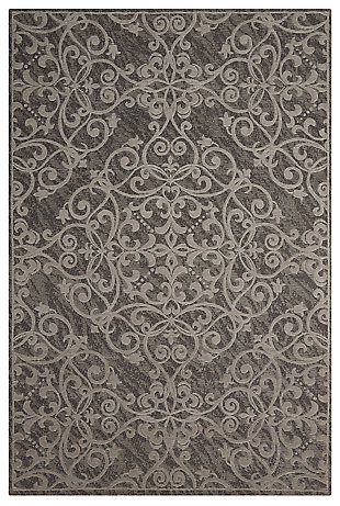Flowing tendrils give this jacquard-woven area rug a fanciful twist. Marvelously muted palette of silvery gray is the essence of faded romance. Chenille-feel pile tantalizes with cloud-like softness.Made of polyester/cotton/rayon | Machine woven | Cotton backing; rug pad recommended | Imported | Spot clean