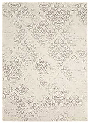 Jacquard-woven and designed in beautiful ivory, this area rug strikes the perfect balance of drama and refinement. The richly detailed fleurs-de-lis pattern adds a classic finesse that enchants with a subtle antiqued finish. Slender ribbon borders tie the whole look together.Made of polyester/cotton/rayon | Machine woven | Cotton backing; rug pad recommended | Imported | Spot clean