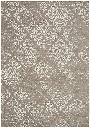 Jacquard-woven in beautiful ivory and gray neutrals, this area rug strikes the perfect balance of drama and refinement. The richly detailed fleurs-de-lis pattern adds a classic finesse that enchants with a subtle antiqued finish. Slender ribbon borders tie the whole look together.Made of polyester/cotton/rayon | Machine woven | Cotton backing; rug pad recommended | Imported | Spot clean